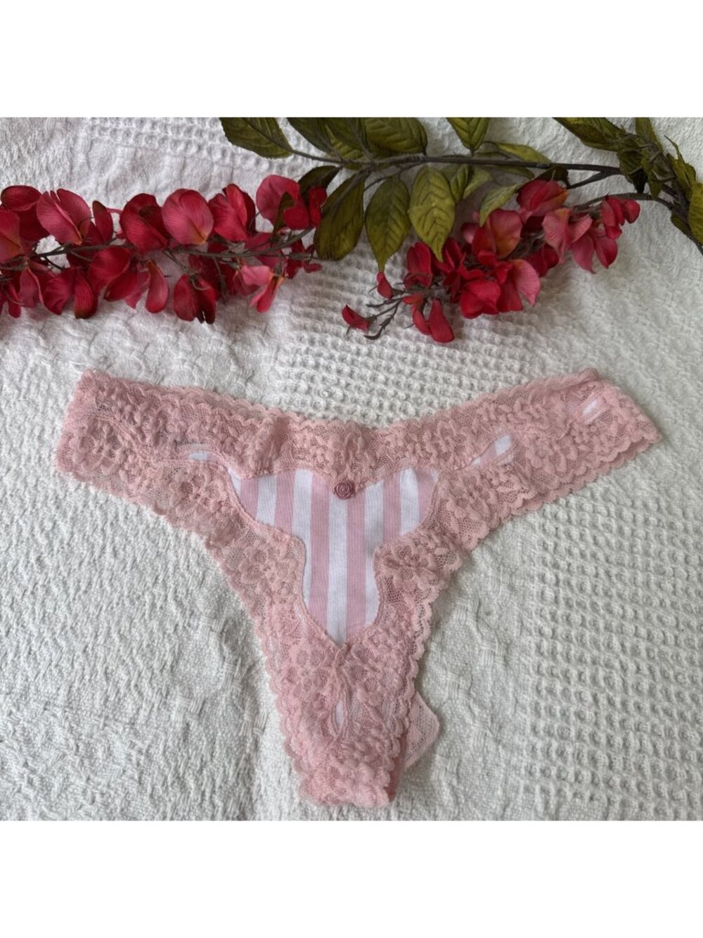 VICTORIA'S SECRET XS PINK WHITE STRIPE SILKY LACE WIDE STRING THONG PANTIES NWT